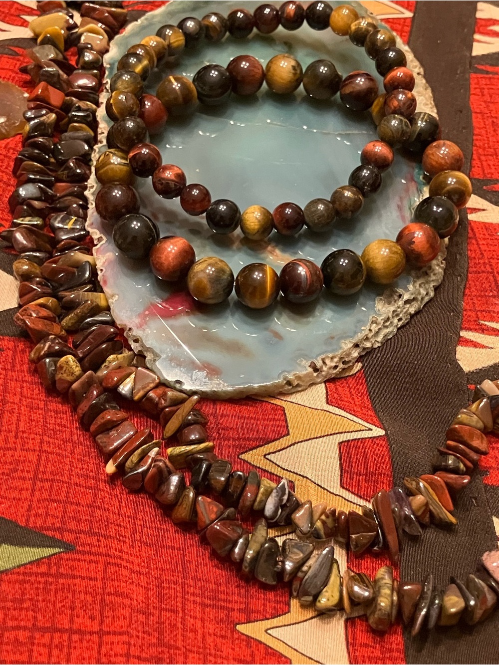 BRAZILIAN TIGER EYE GEMSTONE CHIP NECKLACE WITH TWO MATCHING BRACELETS